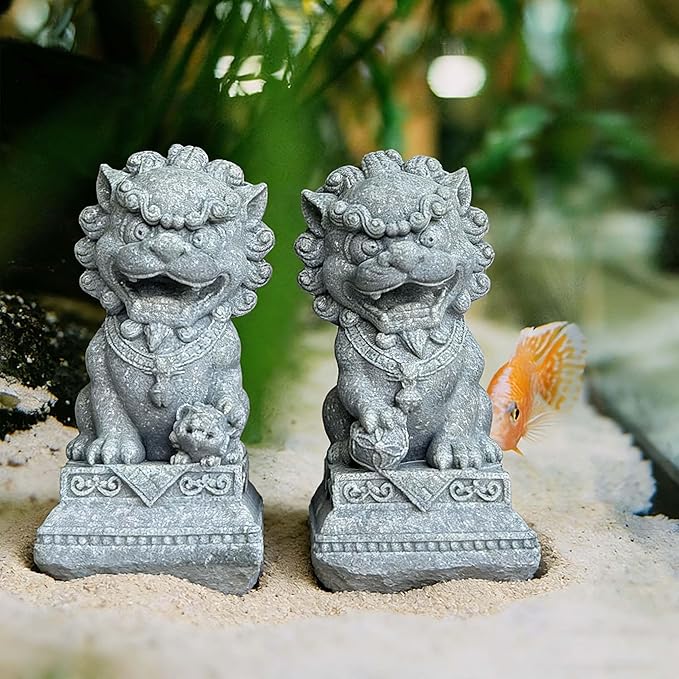 livelyfish Asian Fu Foo Dogs Statues Mini Pair of Two Guardian Lion Sandstone Figurine Pets Fish Tank Aquarium Landscape Ornaments Accessories Feng Shui Decorations (G)