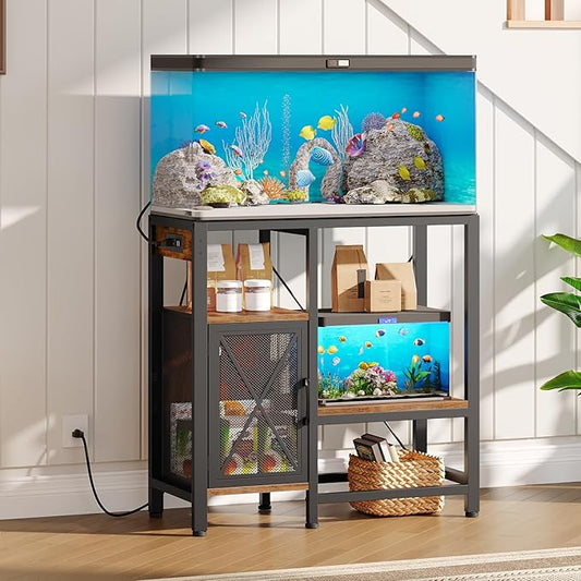 MAHANCRIS 20-37 Gallon Fish Tank Stand, Aquarium Stand with Power Outlet and Storage Cabinet, Heavy Duty Tank Stand Suitable for Turtle Tank, Reptile Terrarium, for Home Office, Rustic Brown FTHR40E01