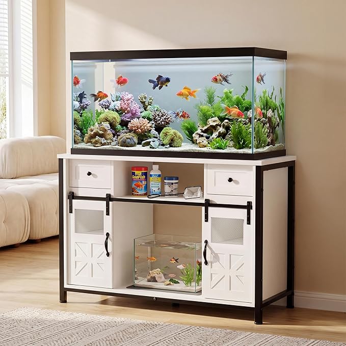 Petrova 55-75 Gallon Fish Tank Stand with Power Outlet, Metal Double Aquarium Stand with Storage Cabinet and Sliding Barn Door, Heavy Duty Reptile Tank Stand, 48" L* 20"W Tabletop, 900LBS Capacity, White