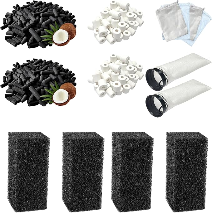 14 PCS Filter Media Maintenance Set Replacement for Waterbox AIO 20 CUBE and AIO 25 PENINSULA Aquarium Filters, Includes 2.75 Inch Filter Socks, Carbon Pellets, Ceramic Rings, AIO Filter Sponges