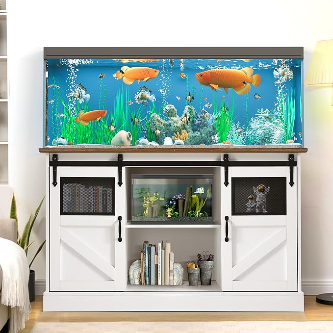 55-75 Gallon Fish Tank Stand with Sliding Barn Doors & Power Outlet, Heavy Duty Aquarium Stand with Cabinet Storage for 2 Fish Tank/Turtle Tank/Reptile Terrarium Accessories, 1300LBS (White)