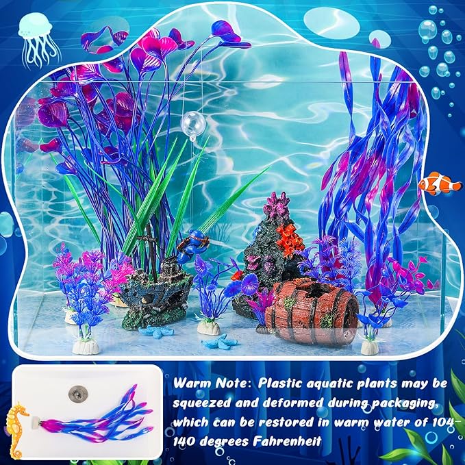 Zeyune 15 Pcs Fish Tank Decorations Mountain Ornament Broken Barrel Sunken Ship Artificial Seaweed Water Plants Colorful Coral Reef for Fish Bowl Aquarium Decor(Purple)
