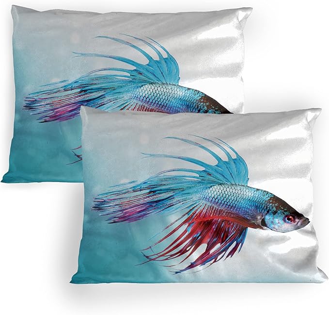 Lunarable Aquarium Pillow Sham Set of 2, Siamese Betta Fish Swimming in Aquarium Aggressive Sea Animal Nautical, Quality Microfiber Bedding Item for All Seasons, 30" x 20", Coral Sky