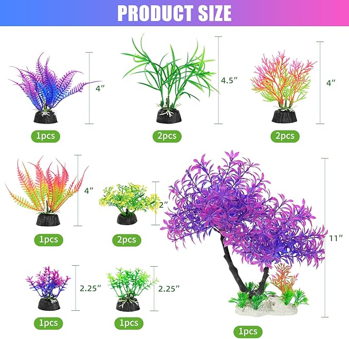 AQUANEAT Artificial Aquarium Plants, Fish Tank Purple Tree Decoration Set, Plastic Accessories, 11pcs