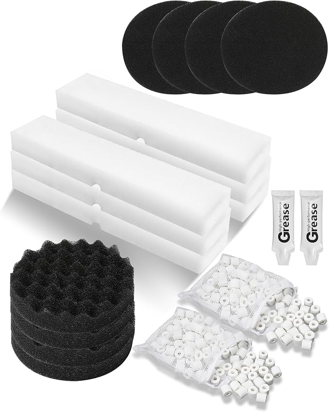 18 Pcs Replacement Filter Media Kit Fit for Fluval FX4/FX5/FX6 Aquarium Filters Including 2 Bag BioMax Media, 4 Carbon Foam Pad, 4 Bio-Foam Pads, 6 Bio-Foam Block, 2 Silicone Lube