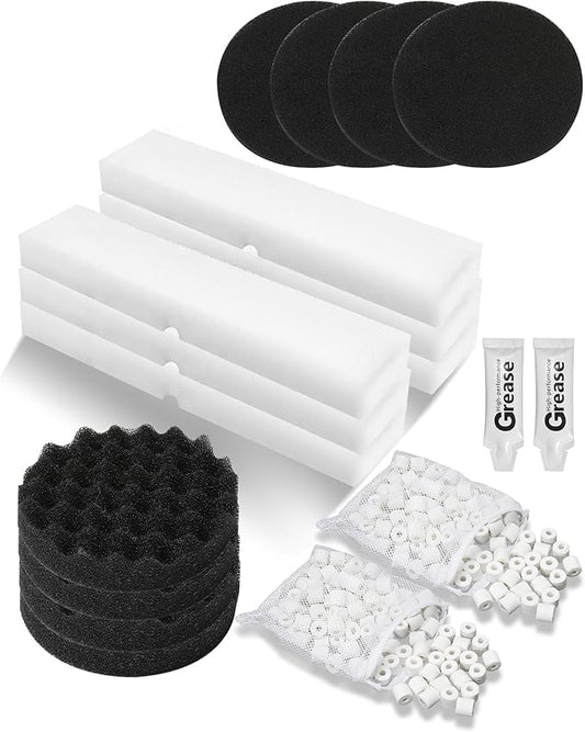 18 Pcs Replacement Filter Media Kit Fit for Fluval FX4/FX5/FX6 Aquarium Filters Including 2 Bag BioMax Media, 4 Carbon Foam Pad, 4 Bio-Foam Pads, 6 Bio-Foam Block, 2 Silicone Lube