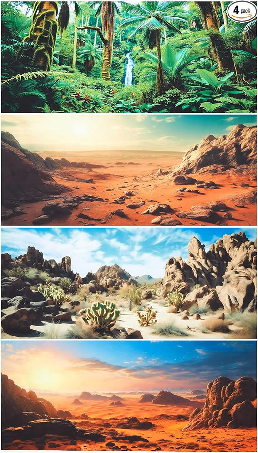 Breling 4 Pcs 48 x 24 Inch Reptile Habitat Background with Nano Glue Gobi Sun Cactus Stone and Green Tree Fern Stream Terrarium Background Polyester Durable Aquarium Accessories