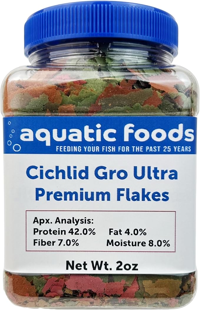 Cichlid Growth & Color Enhancing Flakes for Cichlids, Discus, All Tropicals. Aquatic Foods Premium Flakes…2oz Small Jar