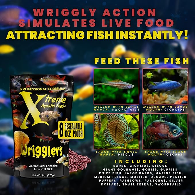 Xtreme Wrigglers - Krill-Based Live Fish Food Alternative - Vibrant Colors, Natural Protein Source, Convenient Resealable Pouch - USA Farm Grown (8oz)