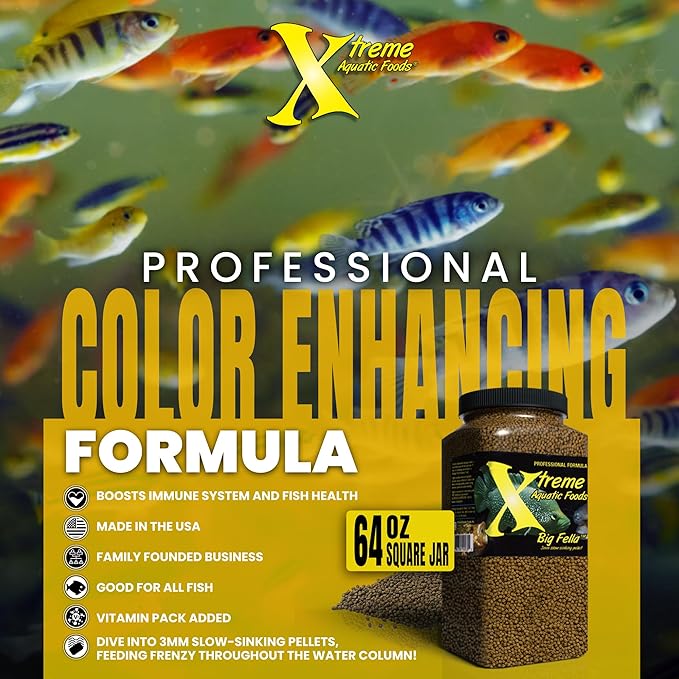Xtreme Big Fella 3.0mm Pellets: Professional Nutrition for Medium to Large Cichlid/Community Fish - Boost Immune & Digestive Health, Color & Energy, Max Protein Fish Food – USA Farm Grown (64oz)