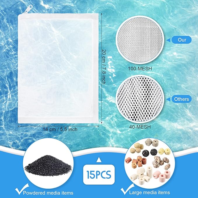 Geiserailie 15 Pcs Aquarium Filter Media Bags 150 Micrometer Fine Filter Bags Mesh Reusable with Zipper for Activated Carbon Resins (5.5 x 7.9 Inch)