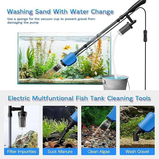 6-in-1 Electric Aquarium Gravel Cleaner, 530GPH Fish Tank Vacuum Cleaner with Water Changer, Sand Washer, Debris Remover & Circulation Pump, Quiet 32W Pump