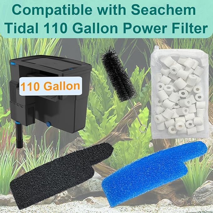9 PCS Aquarium Media Kit Compatible with Seachem Tidal 110 Gallon (400 Liters) Fish Tank Filter, Including 2 Ceramic Rings, 2 Blue Foam Filters, 2 Carbon Sponge Filters, 1 Brush and 2 Mesh Bags