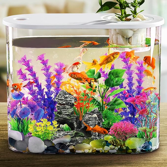 QUOZUO Fish Tank Accessories Aquarium Decorations Plants, 9pcs Colorful Fish Tank Artificial Plants and Cave Rock Decor Set, Aquarium Decor Plastic Plants