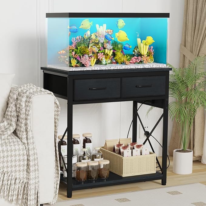 20-29-37 Gallon Fish Tank Stand with Power Outlet, Heavy Duty Metal Aquarium Stand with Two Storage Drawers for Fish Tank Accessories Storage, Perfect for Turtle Tank, Reptile Terrarium, Black