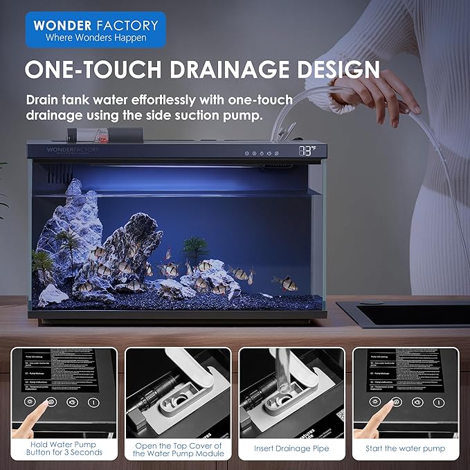 Wonderfactory Smart Aquarium 5 Gallon Glass Fish Tank, Self Cleaning System Efficiency Filter 7 Color LED Lights Automatic Feeder Temperature Display Monitor HD UHA Glass, Smart Control with Apps