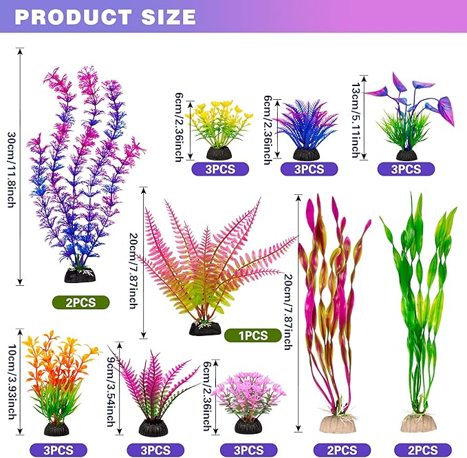 Ameliade 25pcs Fish Tank Artificial Plastic Plants Decorations Large Aquarium Decor Betta Goldfish Tank Accessories Fish Bowl Ornaments (Colorful)