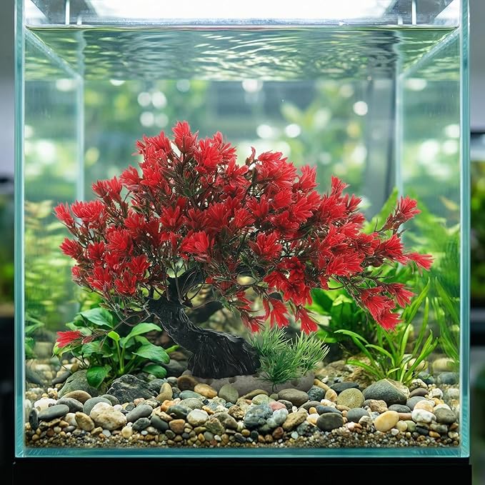 BESTOYARD Artificial Bonsai Tree Aquarium Decoration, Vibrant Plastic Plant for Betta Fish Tank, Realistic Underwater Decor Ornament & Fish Hideout Accessories, Red