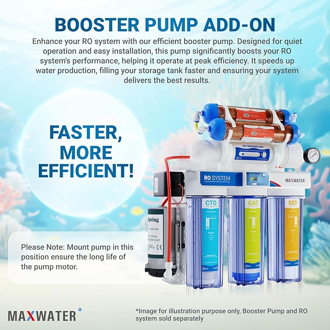 Max Water Reverse Osmosis 100 GPD RO Booster Pump Full Package High Pressure Switch, Holding Bracket, 2 Connect Fittings - 1/4 OD x 3/8 MIP Elbow