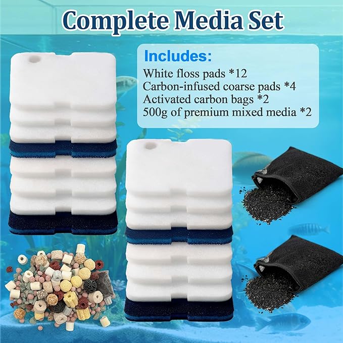 19PCS Canister Filter Pads for Cascade 700/1000 | Replacement Media Set for Penn-Plax Aquarium Filter | 12 Floss Pads + 12-in-1 Bio Media + 4 Carbon Pads + 2 Bags Activated Carbon
