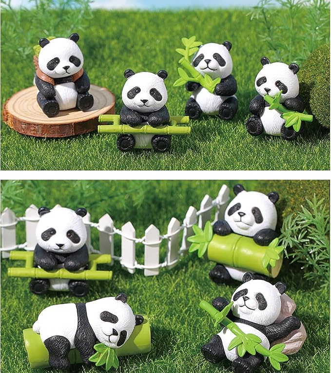 4 Pack Panda Car Decoration, Fish Tank Decorations, Cute Lively Panda Aquarium Decoration, Animal Fish Tank Display Decor, Bamboo Ornament Artificial Resin Accessories. (Set 2)
