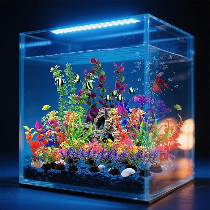 SLOCME 25 PCS Aquarium Plants & Rock Cave Decorations Set – Colorful Fish Tank Plastic Plants Ornaments with Resin Rock Hideout, Realistic Aquarium Decor Accessories for Freshwater & Saltwater Tanks