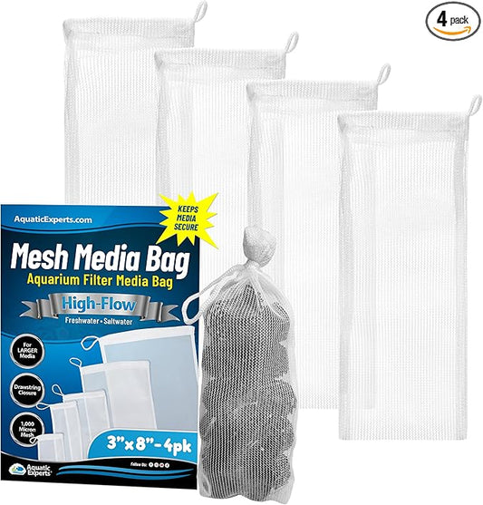 Aquatic Experts High Flow Filter Media Bag - Durable Filter Bags for Fish Tank, Secure Aquarium Media Bag with Drawstring, Media Bags for Aquarium and Pond, High Flow (White), 3” x 8” - 4 Pack
