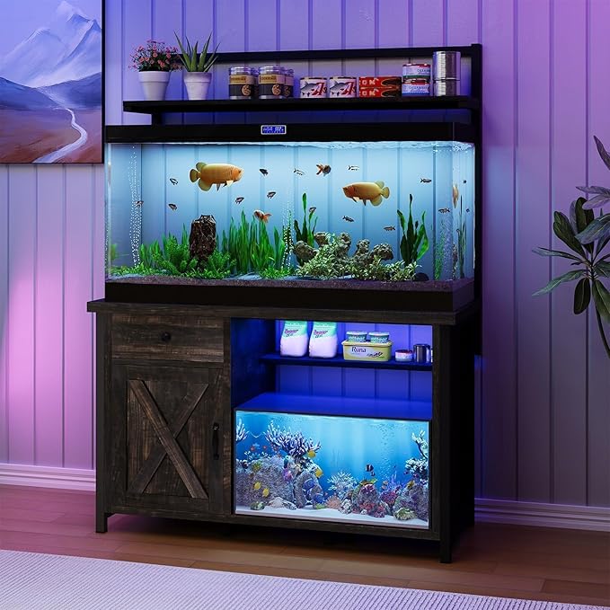 55-75 Gallon Fish Tank Stand with Power Outlet, Led Light, Heavy Duty Aquarium Stand with Cabinet for Fish Tank Accessories Storage, Shelf, for Turtle Tank, Reptile Terrarium, 1100 LBS (Oak)