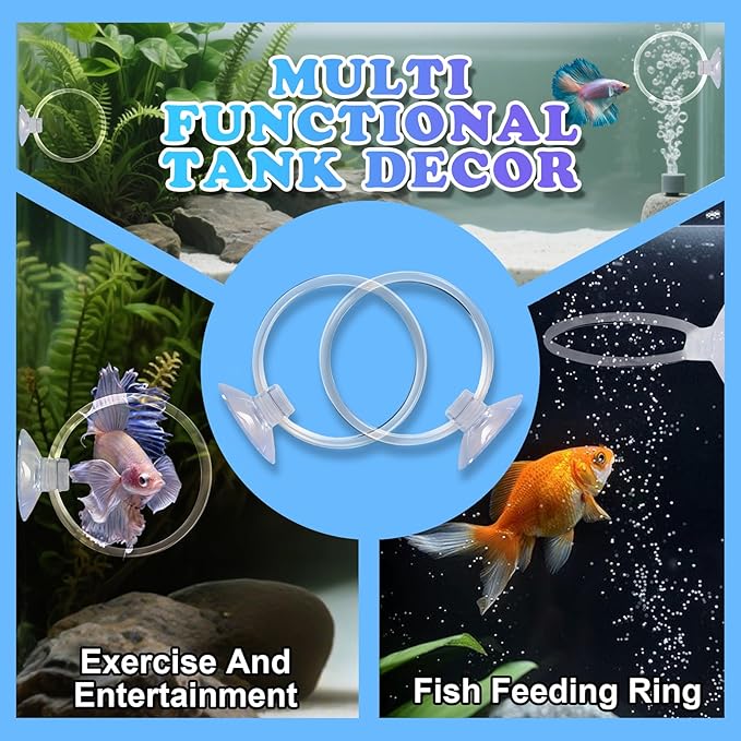 Betta Fish Toys, 2 PCS Fish Exercise Ring and Nitrifying Balls Set, Betta Mirror Toy Set, Feeding Ring with Suction Cup, Fishing Tank Accessories for Gifts (Clear)