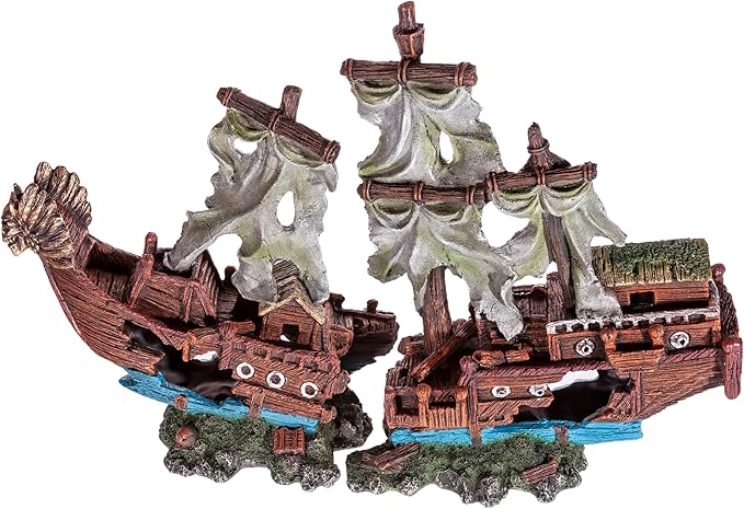 UNEAK - Shipwreck Aquarium Decorations Pirate Ship Ornament w/Sail (2 Pieces) 5 Gallons and Larger Fish Tank, Sunken Ship Decoration Ornaments, Decorative Resin Boat for Freshwater Saltwater Decor