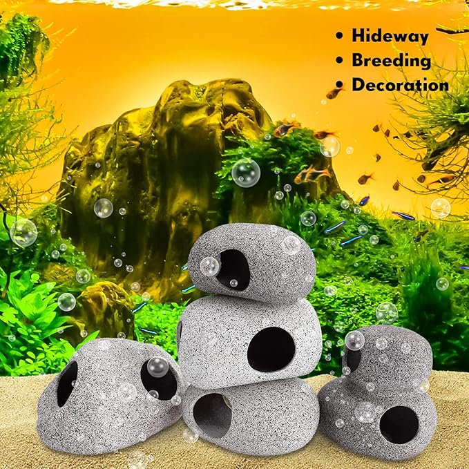 Lyrow 10 Pieces Aquarium Hideaway Rock Cave Stackable Fish Tank Decorations for Aquatic Pets to Breed, Play and Rest, Ceramic Shelters for Small Fish, Betta Cave Shrimp Habitat, Breeding Tube (Rustic)