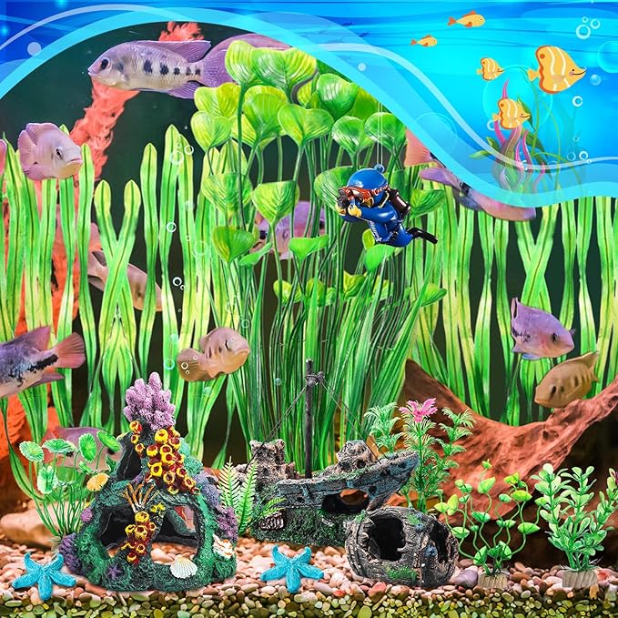 Zeyune 15 Pcs Fish Tank Decorations Mountain Ornament Broken Barrel Sunken Ship Artificial Seaweed Water Plants Colorful Coral Reef for Fish Bowl Aquarium Decor (Green)