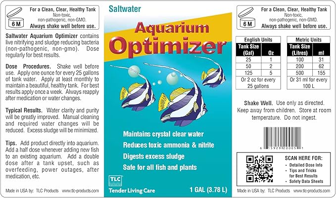 TLC Products, Saltwater Aquarium Optimizer, Aquarium Water Clarifier, Reduces Ammonia, 1 Gallon (3.78L)