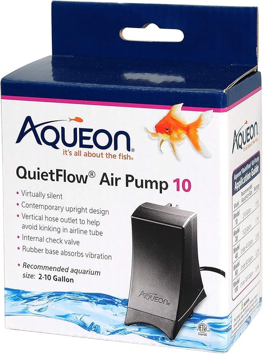 Aqueon QuietFlow Aquarium Air Pump 10, For 2-10 Gallon Tanks, Black