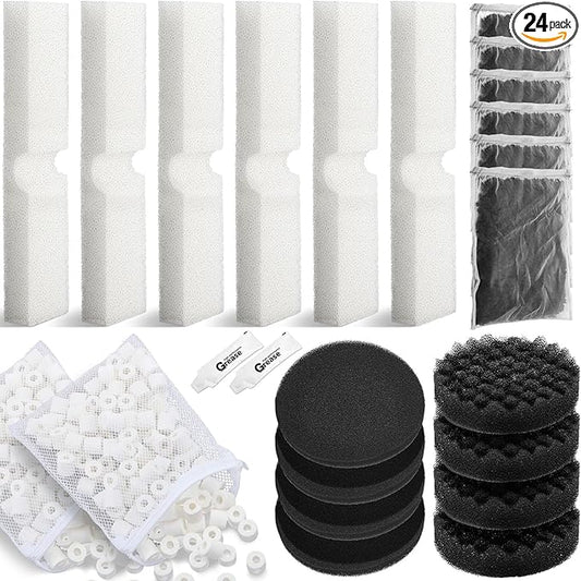 Threlaco 24 Pcs Aquarium Filter Media Kit Compatible with Fluval Fx4/Fx5/Fx6 Filters, 4 Bio-Sponge Pads, 6 Bio-Sponge Block, 6 Activated Carbon, 4 Carbon Foam Pad, 2 Silicone Lube, 2 Ceramic Rings