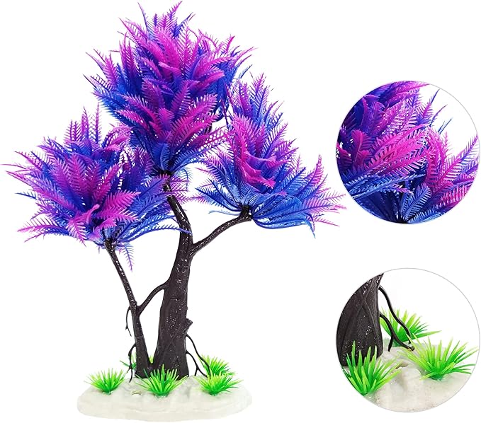 6PCS Fish Tank Aquarium Decorations Plastic Plants with Resin Cave Rock for Fish Hideout (Purple Set)
