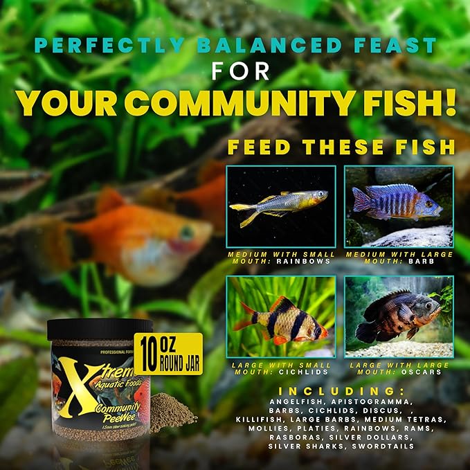 Xtreme Community Peewee 1.5mm Pellets: Slow Sinking & Ideal for Community Fish - Boosts Immune & Digestive Health, Enhances Color & Energy, Max Protein Fish Food – USA Farm Grown (10oz)