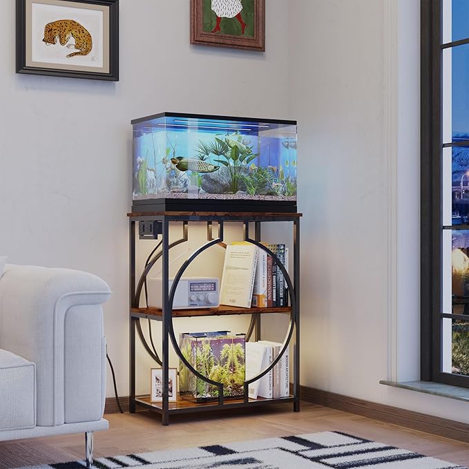 HavenlyYouth 10 Gallon Aquarium Stand with Power Outlet, 3 Tier Heavy Duty Metal Fish Tank Stand with Storage, Fish Tank Table for Home Office, 21.3" x 11.8" x 29", Rustic Brown