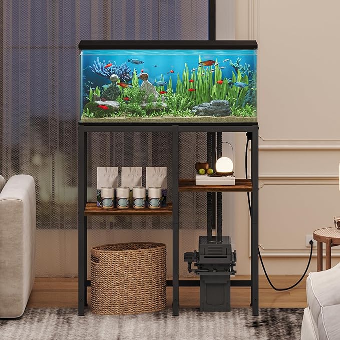 YATINEY 20-29 Gallon Fish Tank Stand with Power Outlet, Aquarium Stand Storage Organizer, Heavy Duty Terrarium Stand for Living Room, Home Office, Black and Rustic Brown FT01UBR