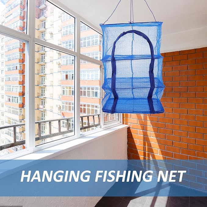 BESPORTBLE Mesh Food Drying Rack Folding Fish Drying Net 4-Layer Hanging Dryer Collapsible Dry Net with Zippers for Shrimp Fish Fruit Vegetables (66X35X35Cm)