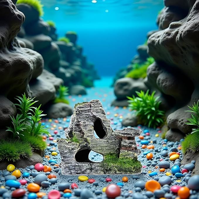 Artificial Moss Rock Aquarium Stone Cave – Resin Fish Tank Decor for Hiding and Landscaping, Small Mountain Terrain Ornament, Natural-Looking Habitat for Fish, Shrimp, and Reptiles, Decoration