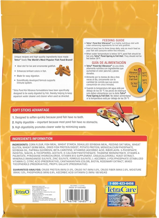 TetraPond Koi Vibrance Soft Sticks, Floating Pond Fish Food for Koi Fish and Ornamental Goldfish, 2.42 lbs