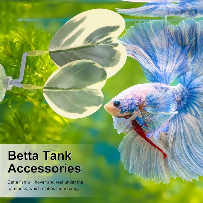 M METERXITY 2-Pack Betta Fish Leaf Pad, Hammock Plant Leaf Pad, Realistic Resting Fish Rest Bed for Fish Tank Decorations/Aquarium Accessories/Breeding [Green and White, Grape Leaves-Shaped]