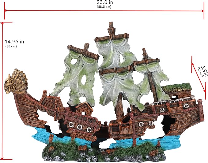 UNEAK - XXL Shipwreck Aquarium Large Decorations Ornament w/Sail (2 Pieces) 20 Gallons high and Larger Fish Tank, Sunken Ship Decoration Ornaments, Pirate Boat, Resin, Freshwater Saltwater Decor
