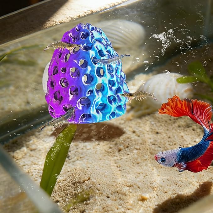 Shrimp Dome Hide, Shrimp Hides for Aquarium, Betta Fish Hideout with Suction Cup, Betta Habitat Tank Ornament Accessories, Aquarium Decor for Small Fish Guppy Hiding Resting (Blue Red)