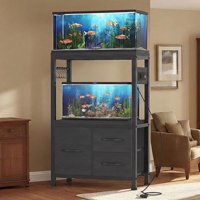 Heybly 5-10 Gallon Fish Tank Stand, Aquarium Stand with Drawer, Power Outlet, Heavy Duty Metal Frame, for Fish Tank, Turtle & Reptile Terrarium, 20.5" × 10.2" Top, 200lbs, Black HAS002SBK