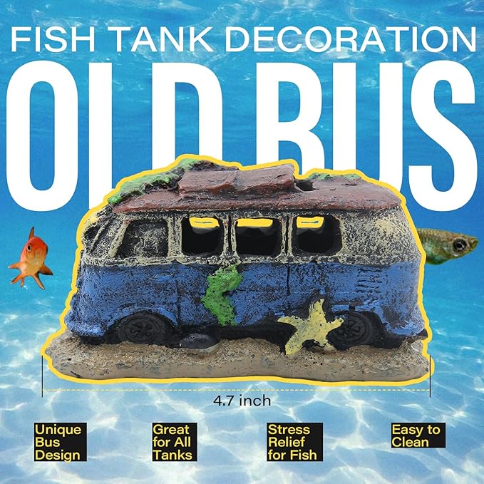 Colorful Resin Fish Tank Ornament with Multiple Hiding Spots, Safe Shelter for Small and Medium Aquariums, Stress-Relief Underwater Decor, Easy to Clean (Old Bus)