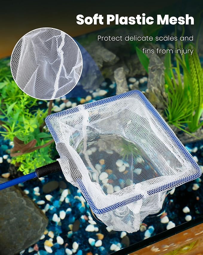 Pawfly Fish Net for Fish Tank, Fish Tank Net, Aquarium Net with Metal Handle and Plastic Mesh, Small Fish Net Minnow Net for Small Ponds, Freshwater and Saltwater, 3.8" x 3.3"