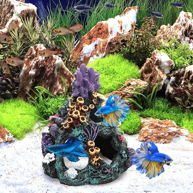 Eorbow 7 pcs Aquarium Colorful Coral Reef, Fish Tank Decoration Mountain Ornament, Rock Cave Landscape with 6 Aquatic Plants, Hideout House Decor for Betta Fish