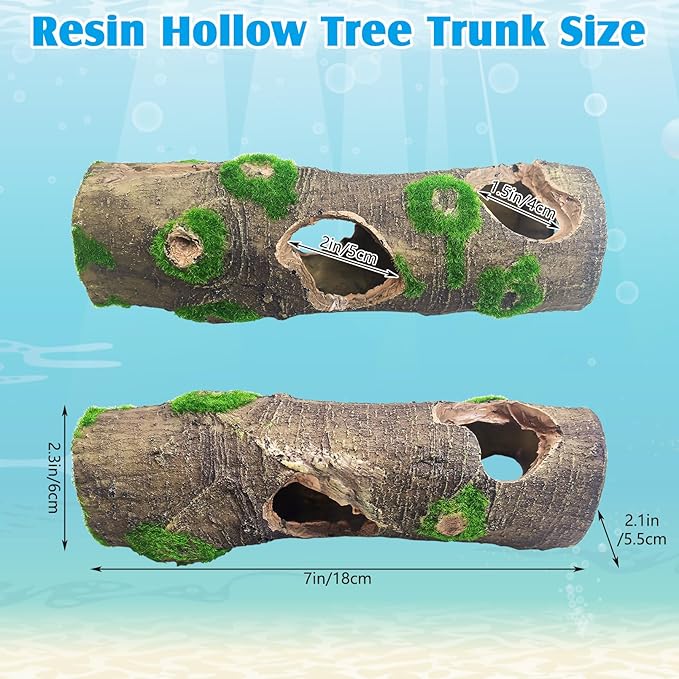 Hamiledyi 2 PCS Small Tree Trunk Aquarium Fish Tank Ornament, Betta Fish Hideout Caves, Resin Moss Tree Trunk Aquarium Decoration with Holes and Caves